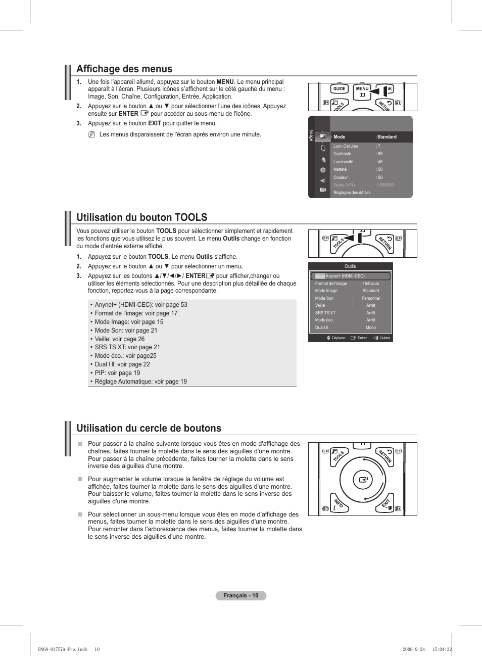Affichage des menus, Utilisation du bouton tools, Utilisation du cercle de boutons | Samsung PS63A756T1MXXC User Manual | Page 81 / 337