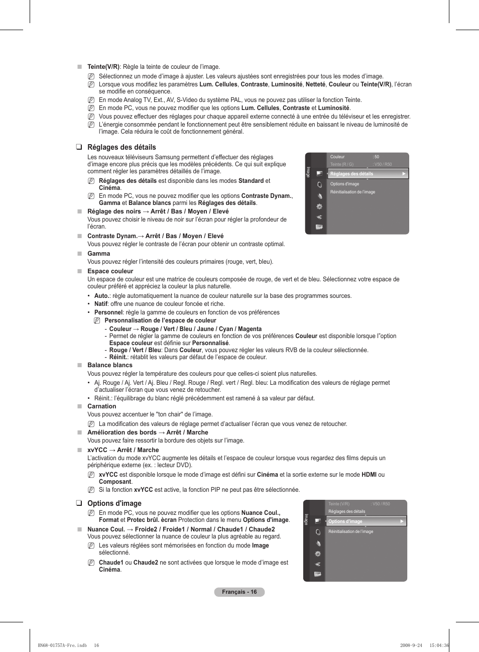 Réglages des détails, Options d'image | Samsung PS63A756T1MXXC User Manual | Page 87 / 337