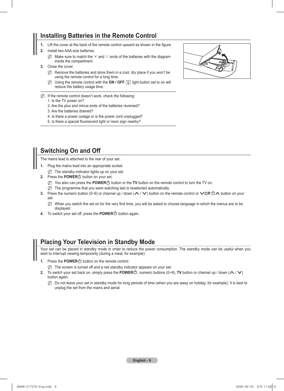 Installing batteries in the remote control, Switching on and off, Placing your television in standby mode | Samsung PS63A756T1MXXC User Manual | Page 9 / 337