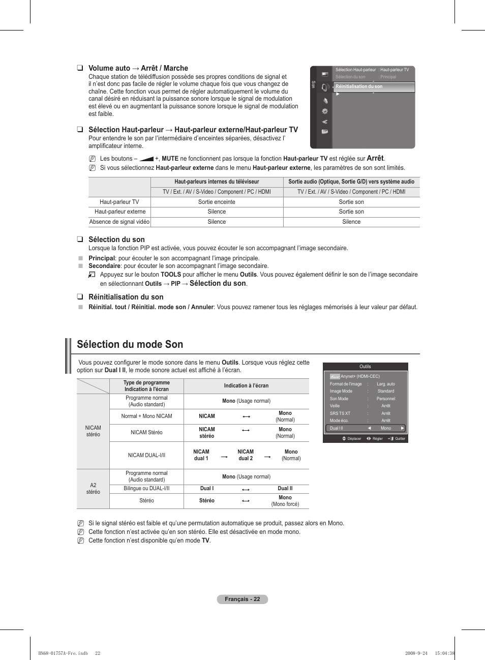 Sélection du mode son, Volume auto → arrêt / marche, Arrêt | Sélection du son, Réinitialisation du son | Samsung PS63A756T1MXXC User Manual | Page 93 / 337