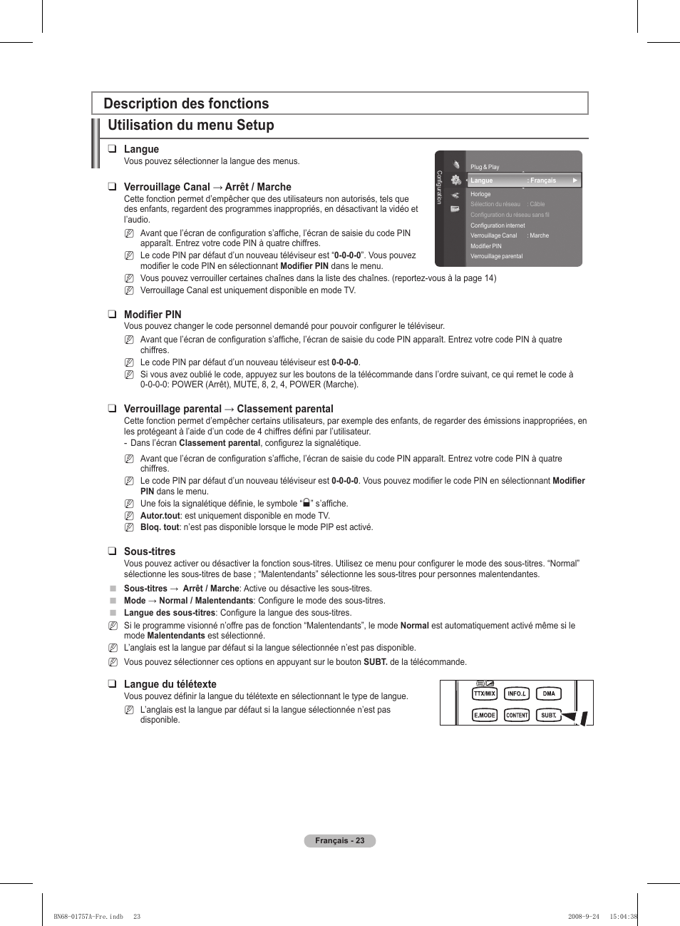 Utilisation du menu setup, Description des fonctions | Samsung PS63A756T1MXXC User Manual | Page 94 / 337