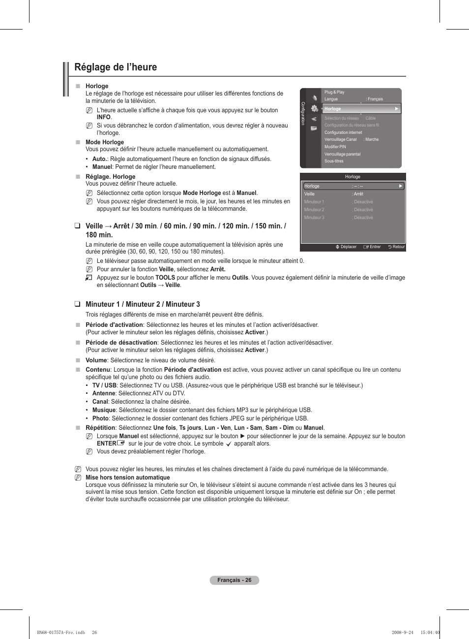 Réglage de l’heure, Minuteur 1 / minuteur  / minuteur 3 | Samsung PS63A756T1MXXC User Manual | Page 97 / 337