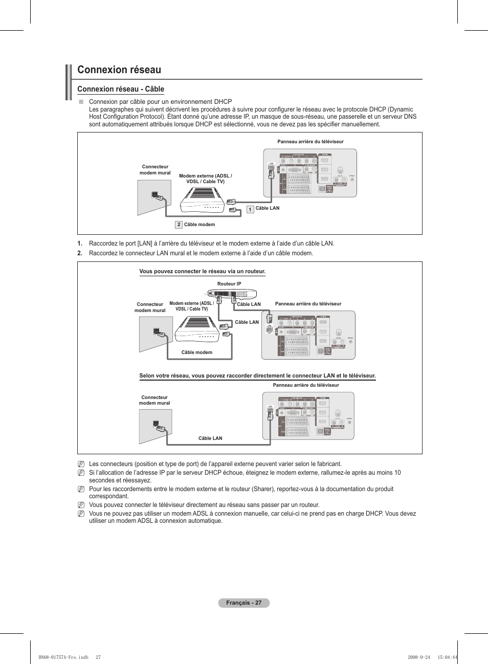 Connexion réseau, Connexion réseau - câble | Samsung PS63A756T1MXXC User Manual | Page 98 / 337