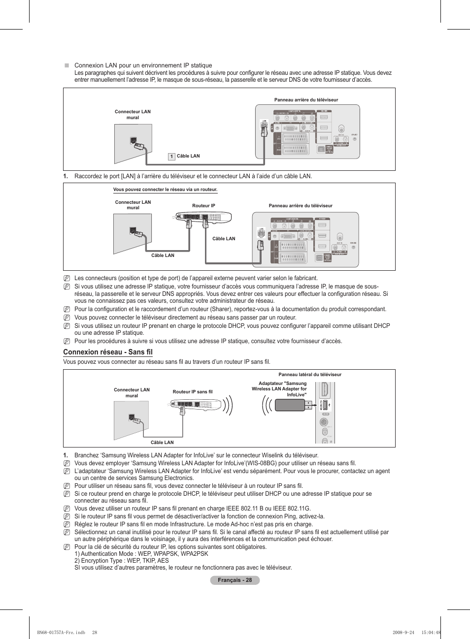 Connexion réseau - sans fil | Samsung PS63A756T1MXXC User Manual | Page 99 / 337