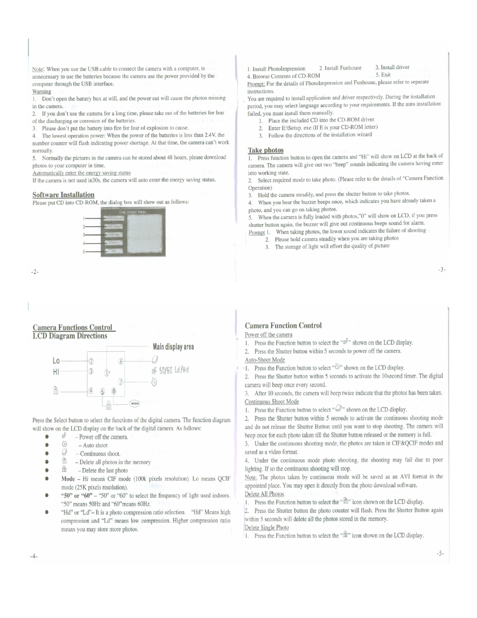 Camera function control, Camera functions control, Software installation | Camera functions control lcd diagram directions, Area é | Argus Camera DC1512 User Manual | Page 2 / 4