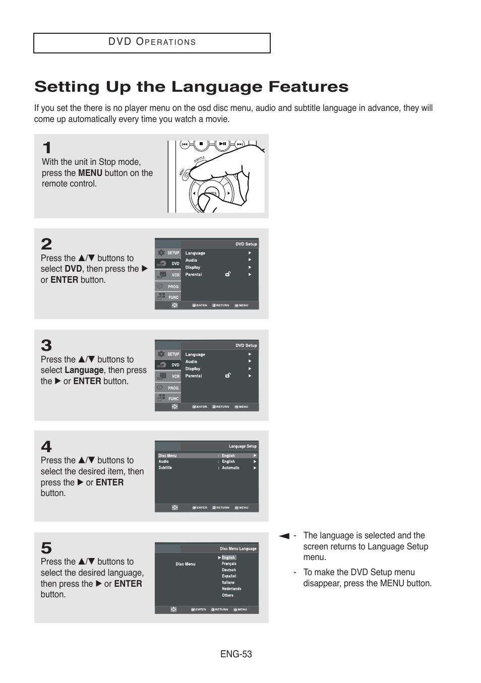 Setting up the language features | Samsung DVD-V5500-AFS User Manual | Page 53 / 85