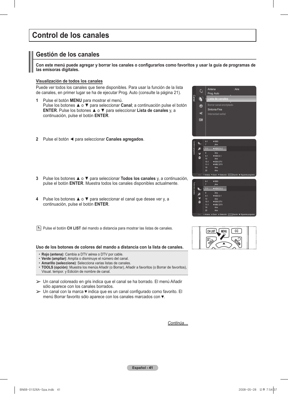 Control� de l�os canal�es, Gestión de l�os canal�es | Samsung PN50A530S2FXZA User Manual | Page 128 / 168