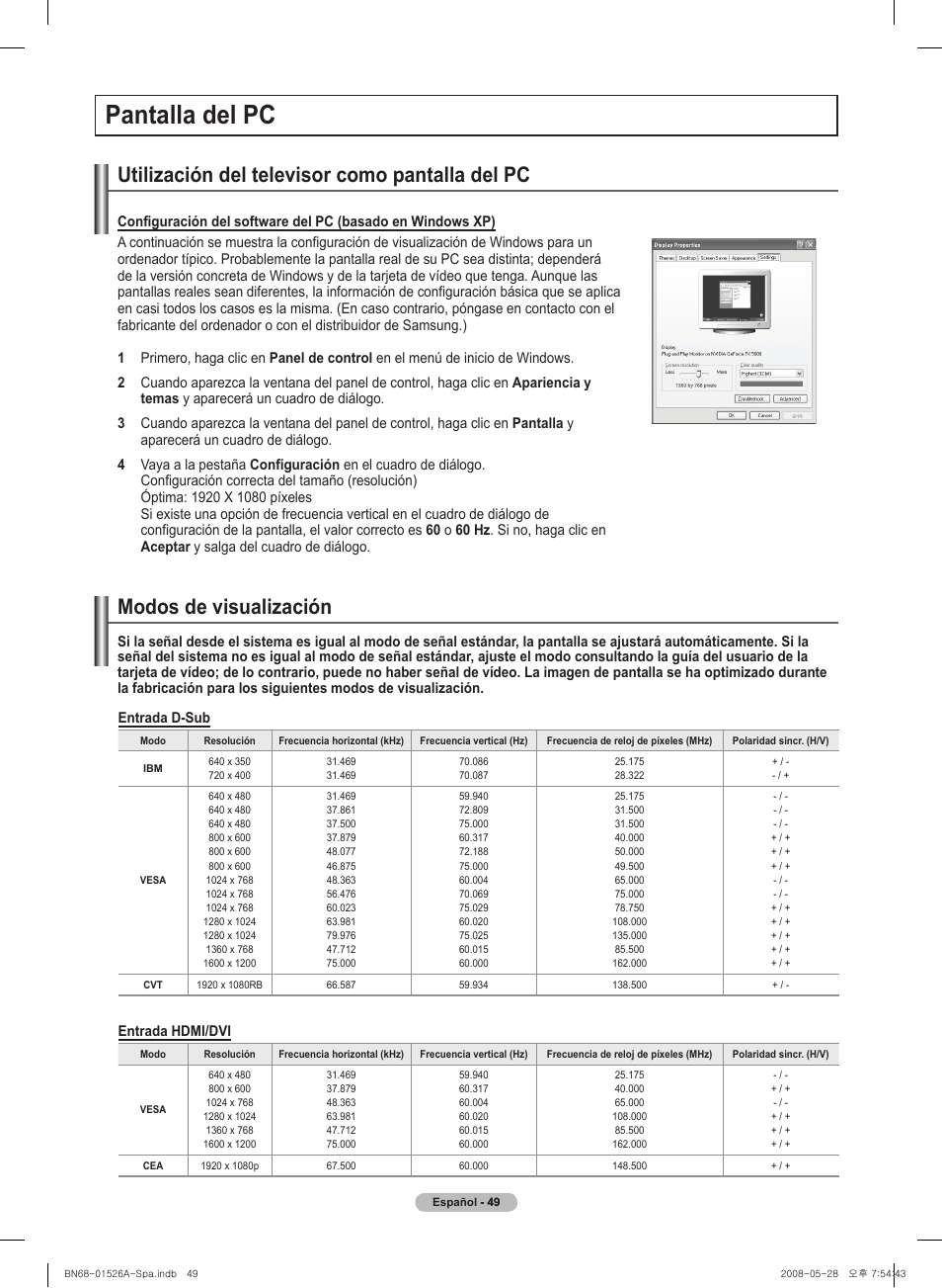 Pantal�l�a del� pc, Modos de visual�ización | Samsung PN50A530S2FXZA User Manual | Page 136 / 168