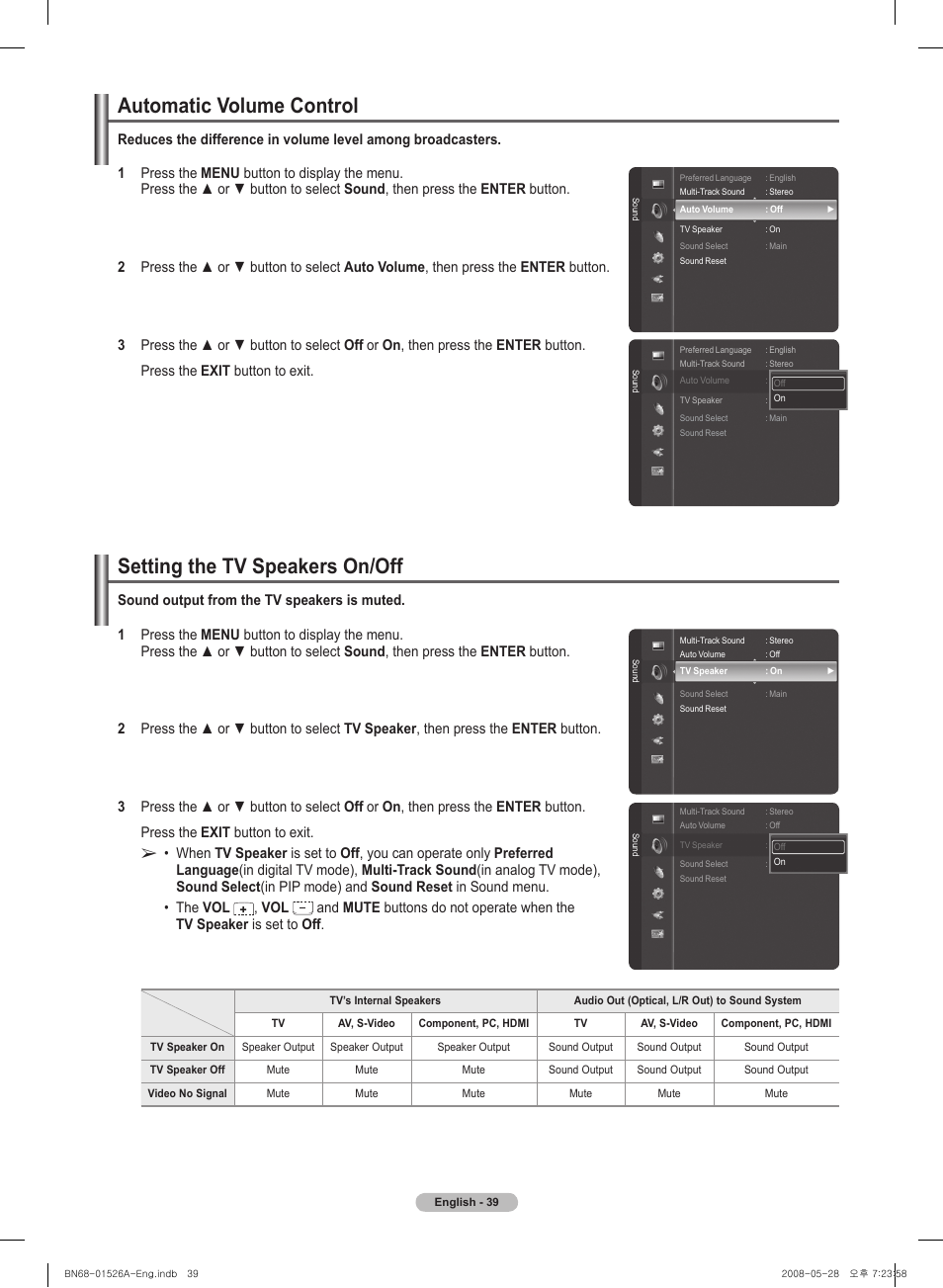 Automatic volume control, Setting the tv speakers on/off | Samsung PN50A530S2FXZA User Manual | Page 39 / 168