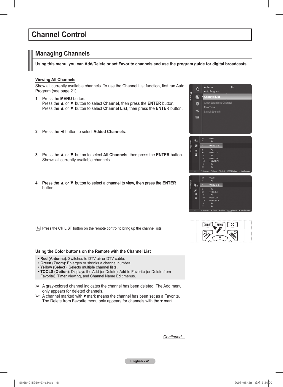 Channel control, Managing channels | Samsung PN50A530S2FXZA User Manual | Page 41 / 168