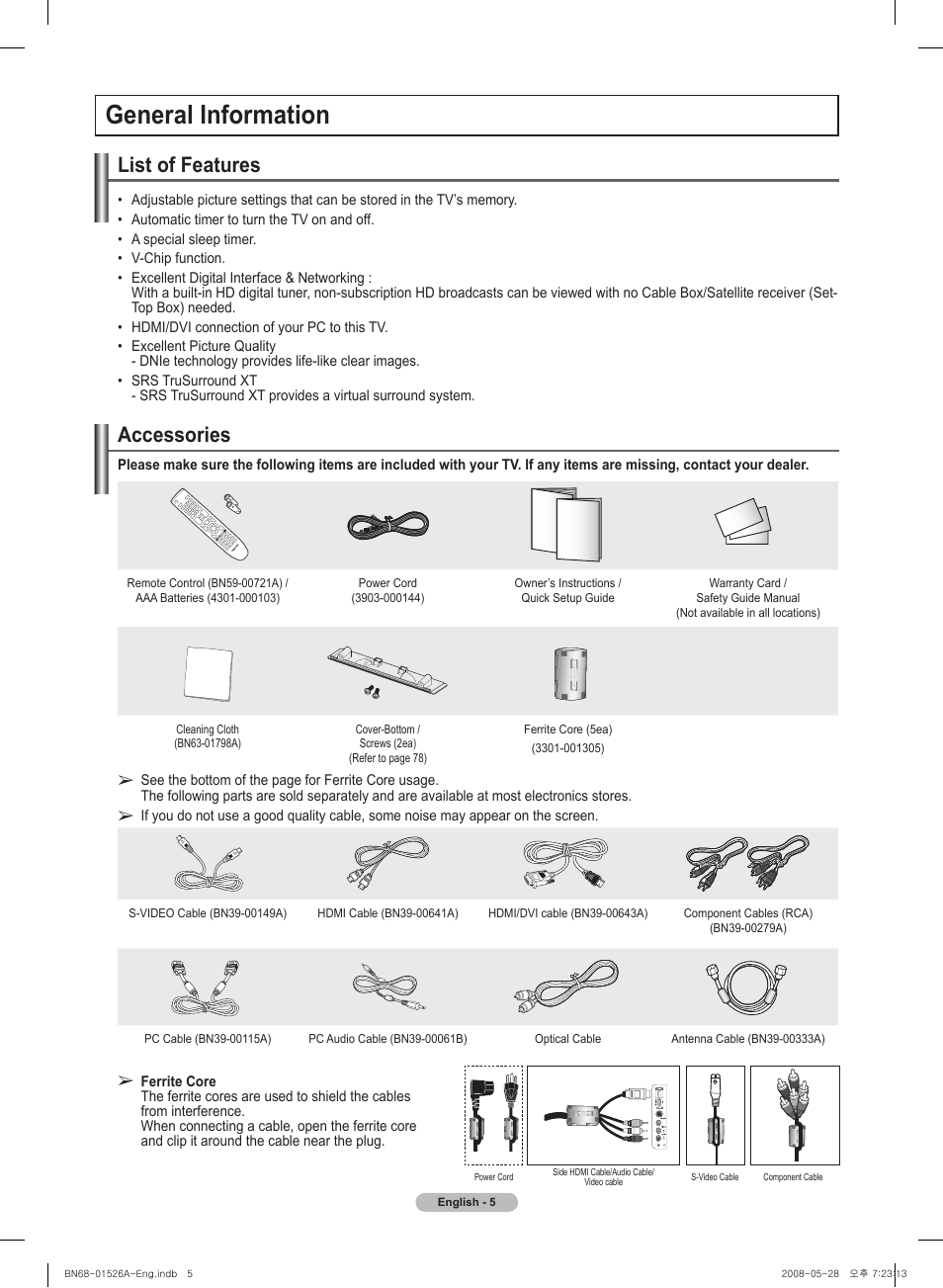 General information, List of features, Accessories | Samsung PN50A530S2FXZA User Manual | Page 5 / 168