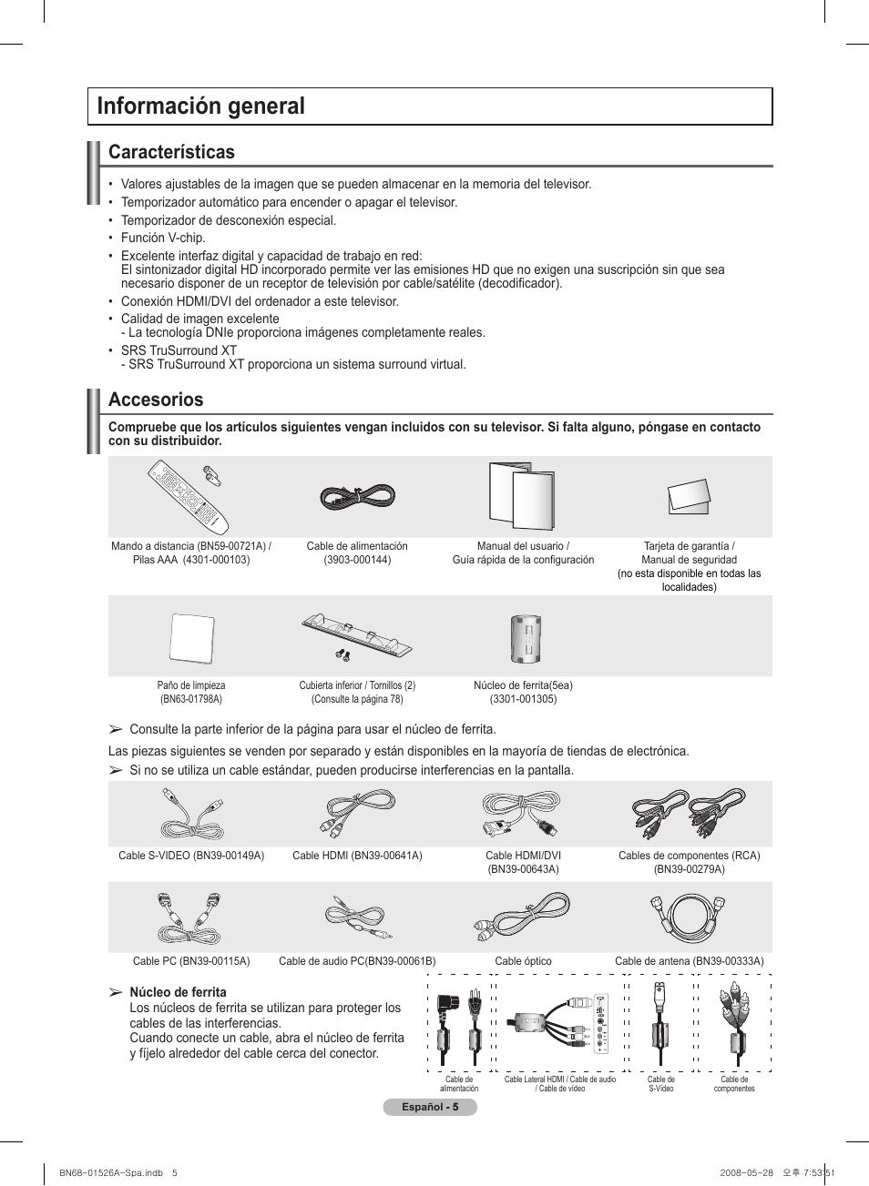 Información general, Características, Accesorios | Samsung PN50A530S2FXZA User Manual | Page 92 / 168