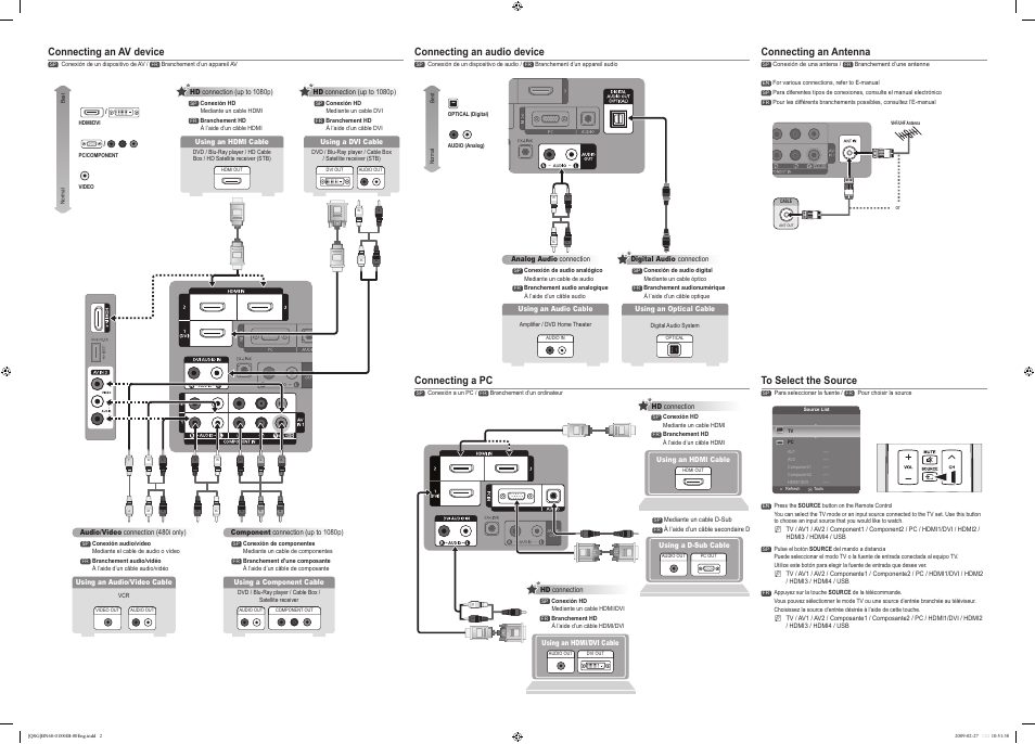 Connecting a pc, Connecting an av device, Connecting an audio device | Connecting an antenna | Samsung LN52B540P8FXZA User Manual | Page 2 / 2