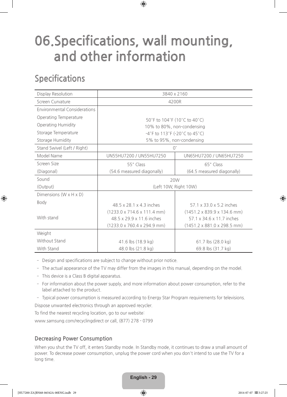 Specifications | Samsung UN65HU7200FXZA User Manual | Page 29 / 38