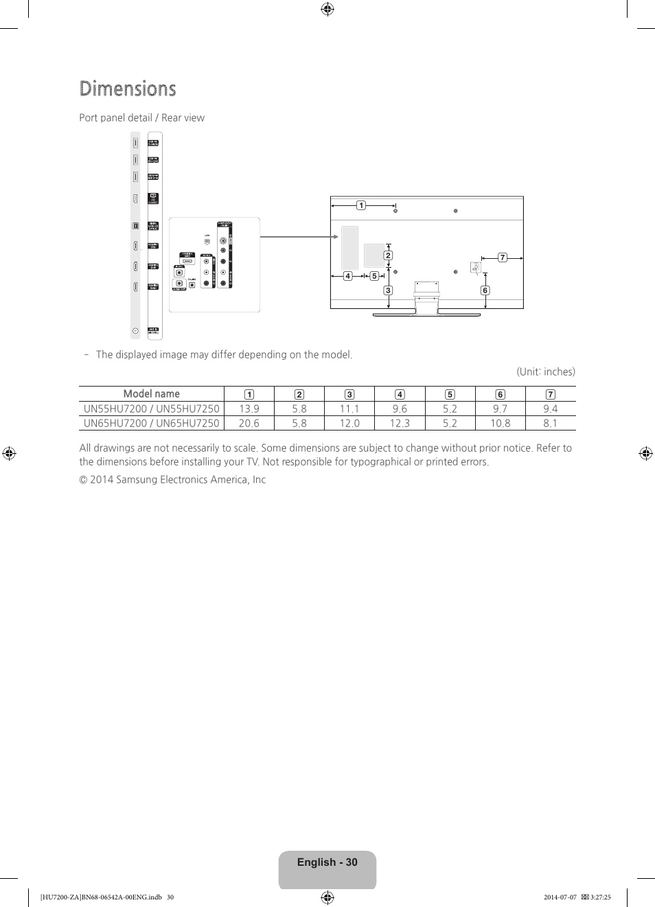 Dimensions | Samsung UN65HU7200FXZA User Manual | Page 30 / 38