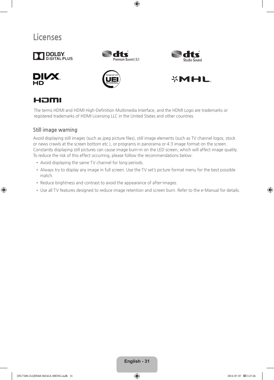 Licenses | Samsung UN65HU7200FXZA User Manual | Page 31 / 38