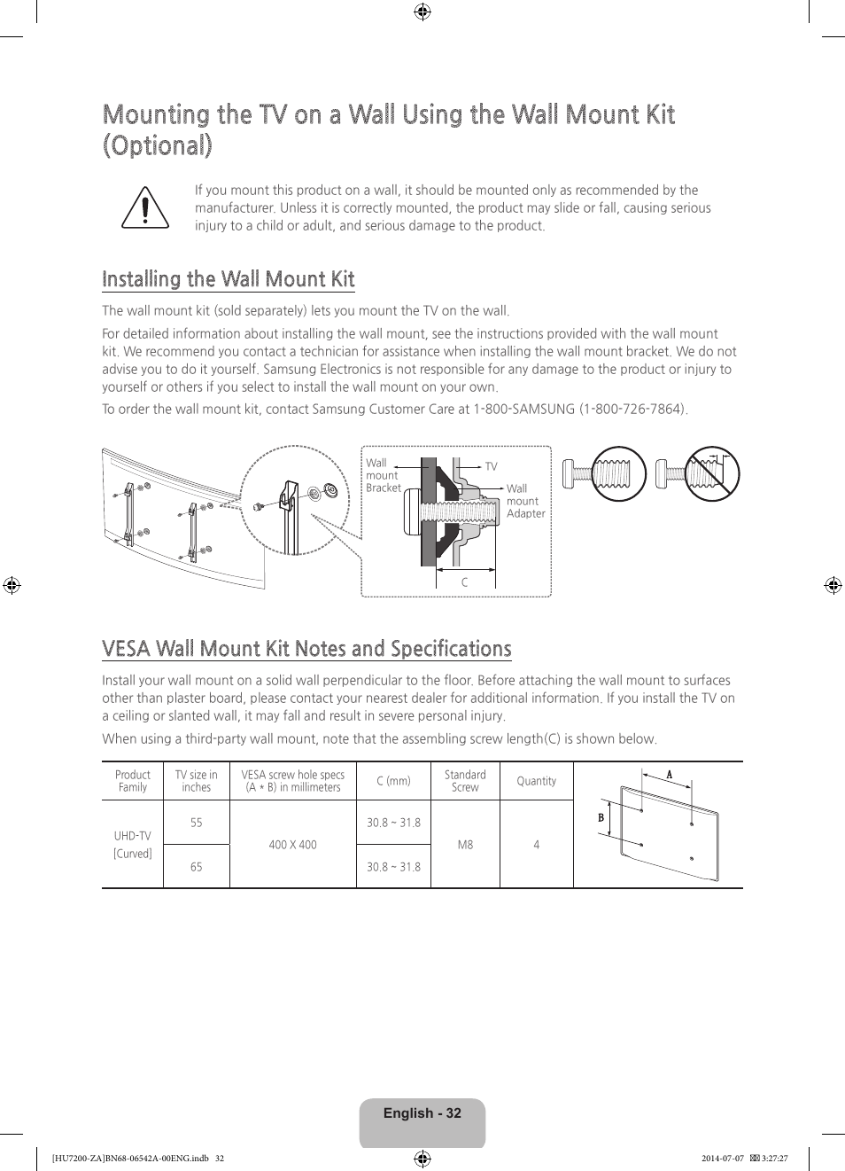 Installing the wall mount kit | Samsung UN65HU7200FXZA User Manual | Page 32 / 38