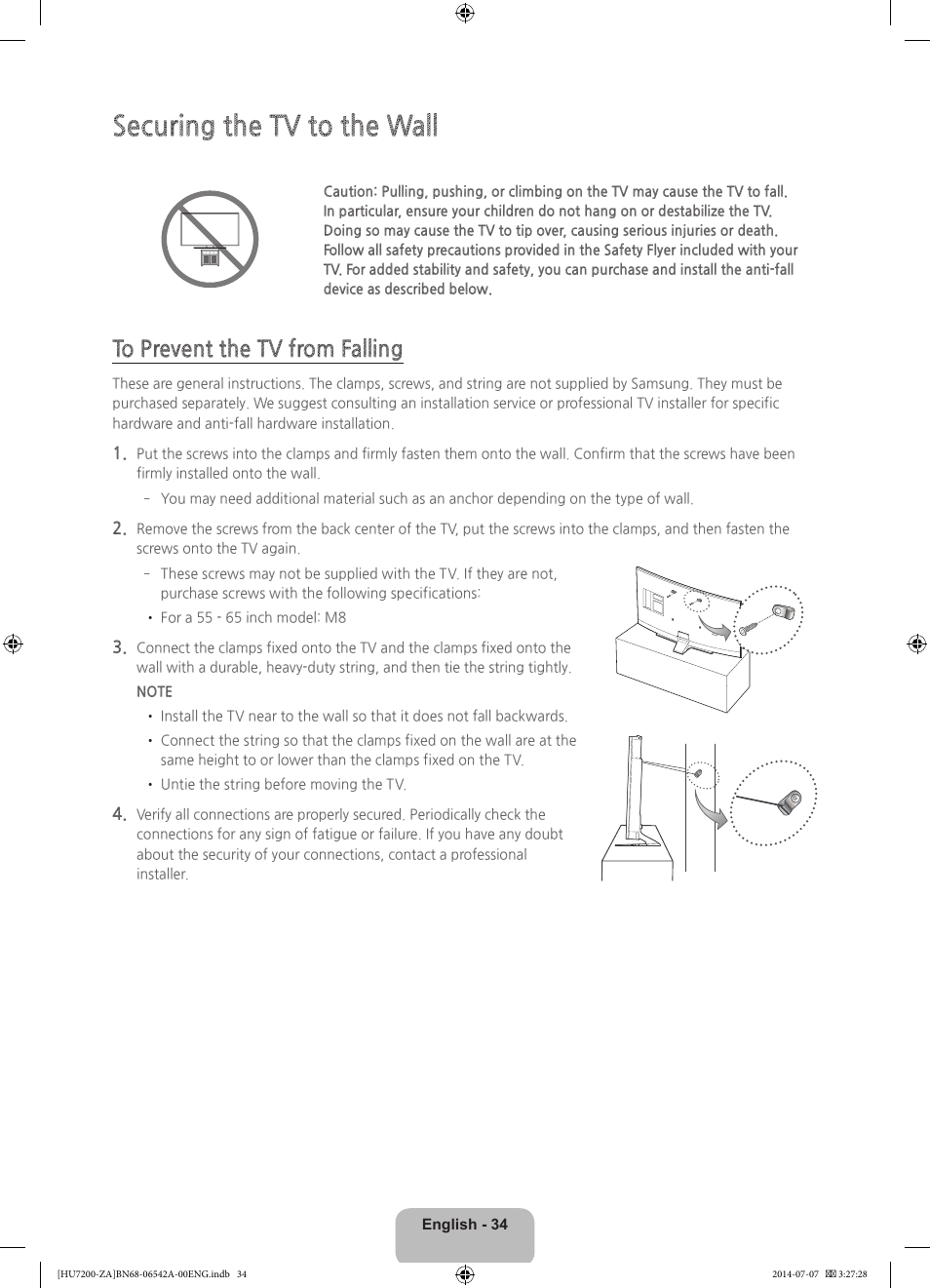 Securing the tv to the wall | Samsung UN65HU7200FXZA User Manual | Page 34 / 38