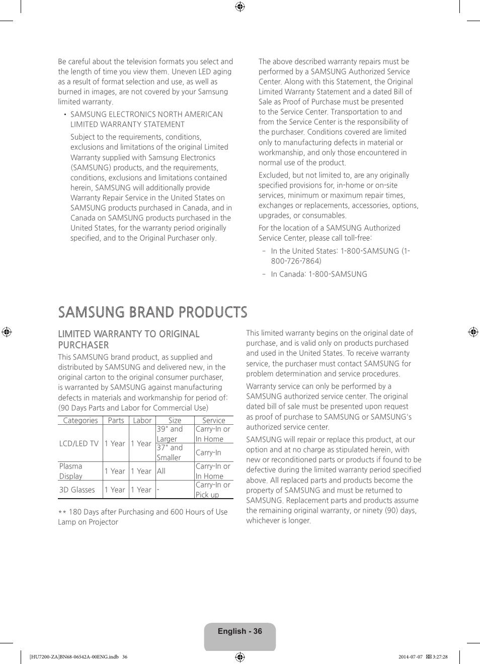 Samsung brand products, Limited warranty to original purchaser | Samsung UN65HU7200FXZA User Manual | Page 36 / 38