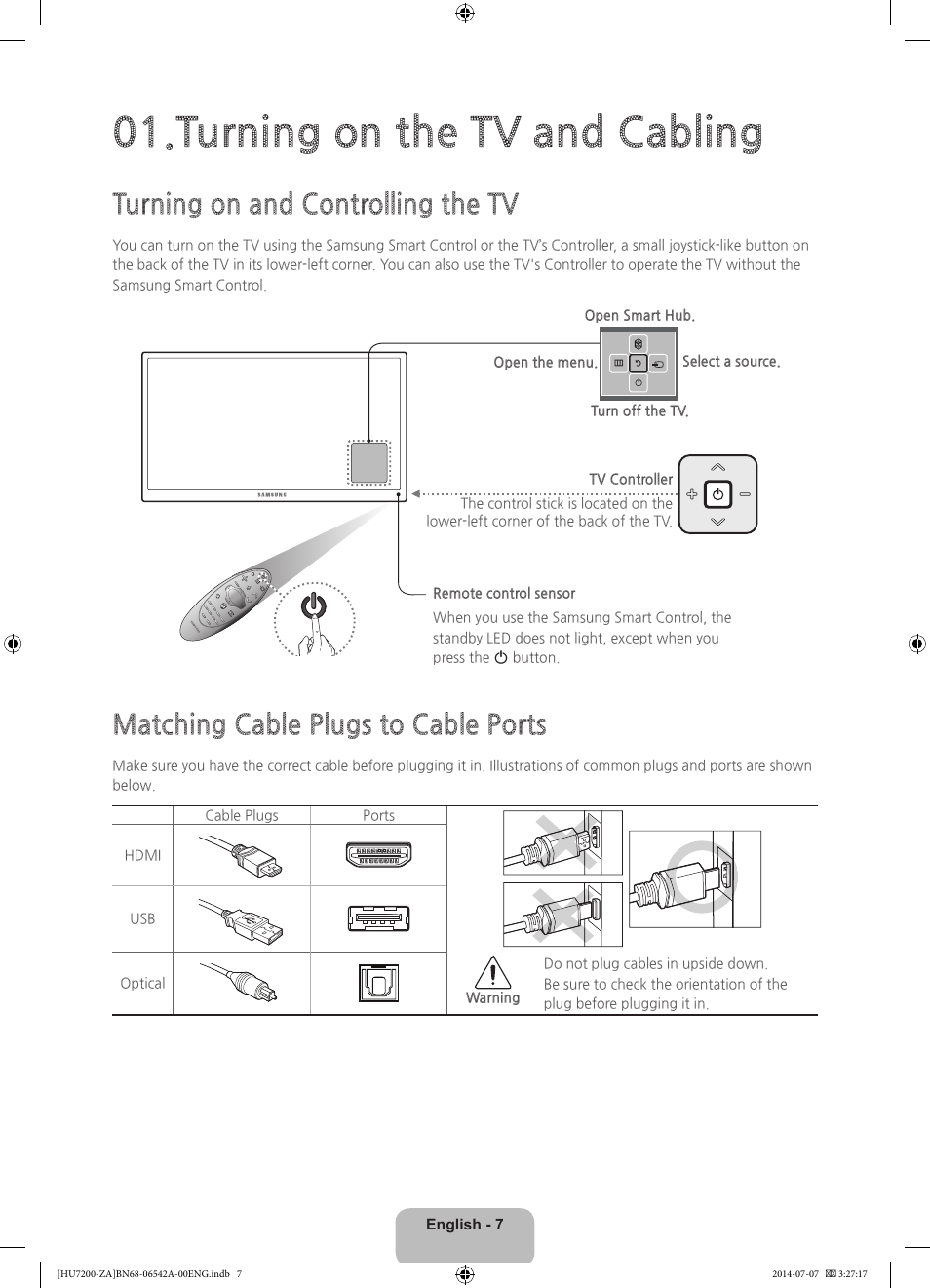 Turning on the tv and cabling, Turning on and controlling the tv, Matching cable plugs to cable ports | Samsung UN65HU7200FXZA User Manual | Page 7 / 38