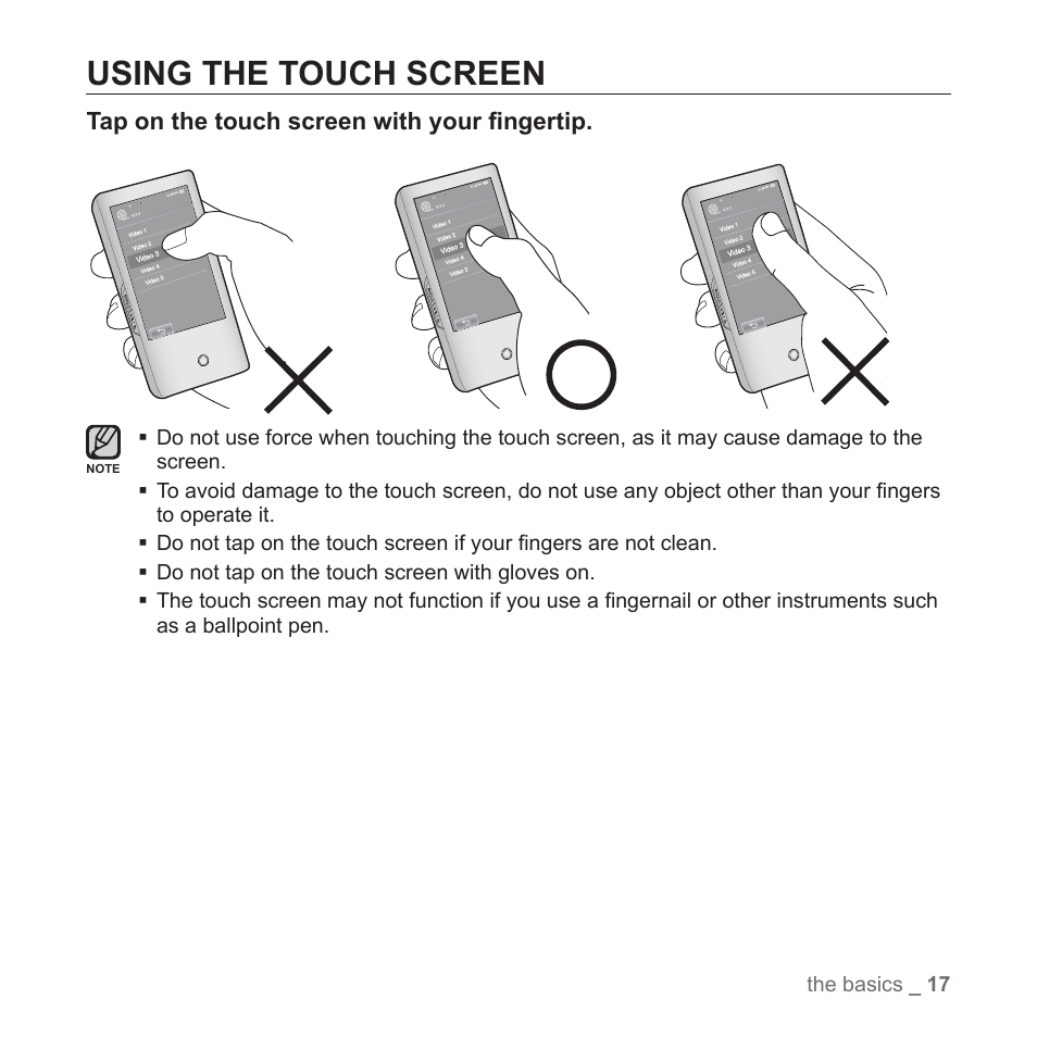 Using the touch screen | Samsung YP-P2JCB-XAA User Manual | Page 17 / 138