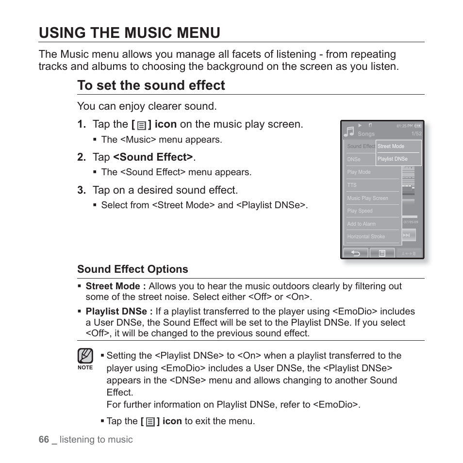 Using the music menu, Tap <sound effect, Tap on a desired sound effect | Sound effect options | Samsung YP-P2JCB-XAA User Manual | Page 66 / 138