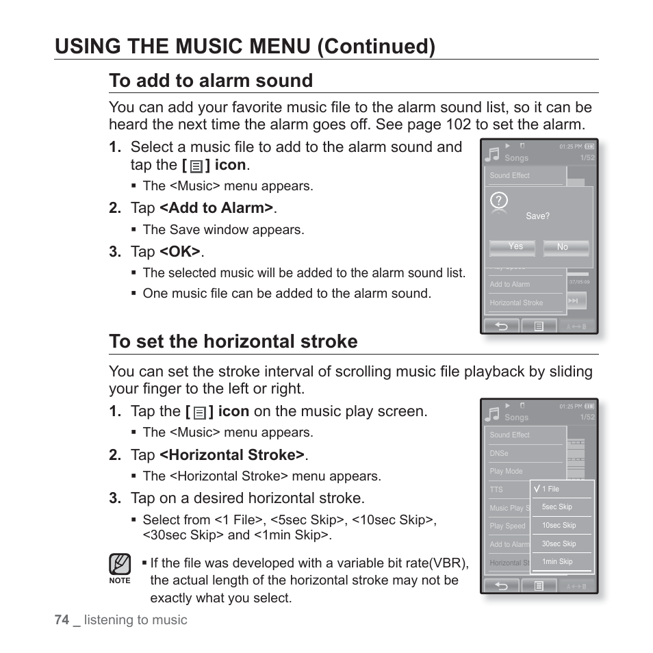 Using the music menu (continued), Tap <add to alarm, Tap <ok | Tap <horizontal stroke, Tap on a desired horizontal stroke | Samsung YP-P2JCB-XAA User Manual | Page 74 / 138