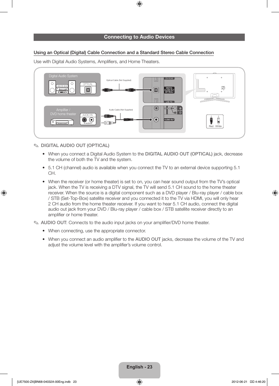 Connecting to audio devices | Samsung UN46ES7500FXZA User Manual | Page 23 / 64