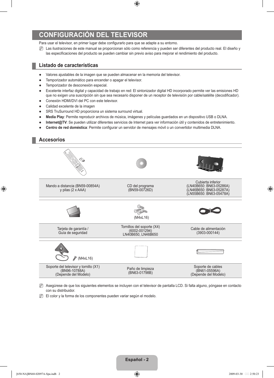 Configuración del televisor, Listado de características, Accesorios | Samsung LN40B650T1FXZA User Manual | Page 108 / 197