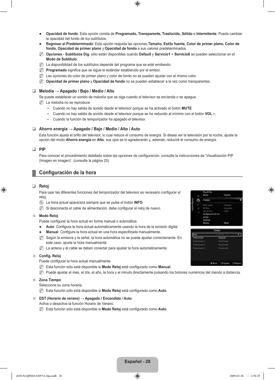 Configuración de la hora, Español - 28, Melodía → apagado / bajo / medio / alto | Reloj | Samsung LN40B650T1FXZA User Manual | Page 134 / 197