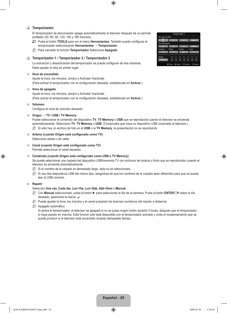 Español - 29 temporizador, Temporizador 1 / temporizador 2 / temporizador | Samsung LN40B650T1FXZA User Manual | Page 135 / 197