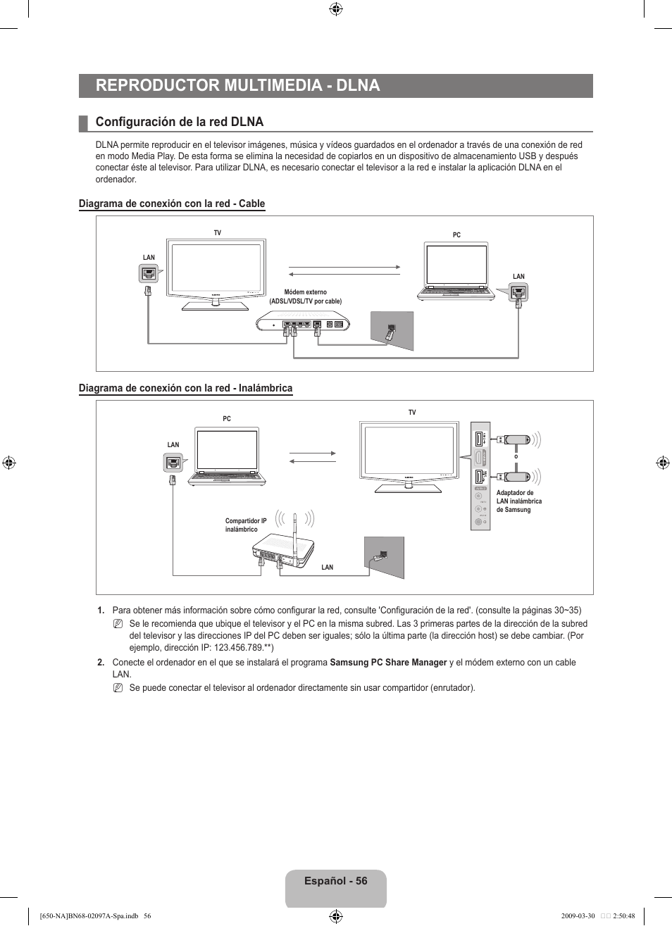 Reproductor multimedia - dlna, Configuración de la red dlna | Samsung LN40B650T1FXZA User Manual | Page 162 / 197