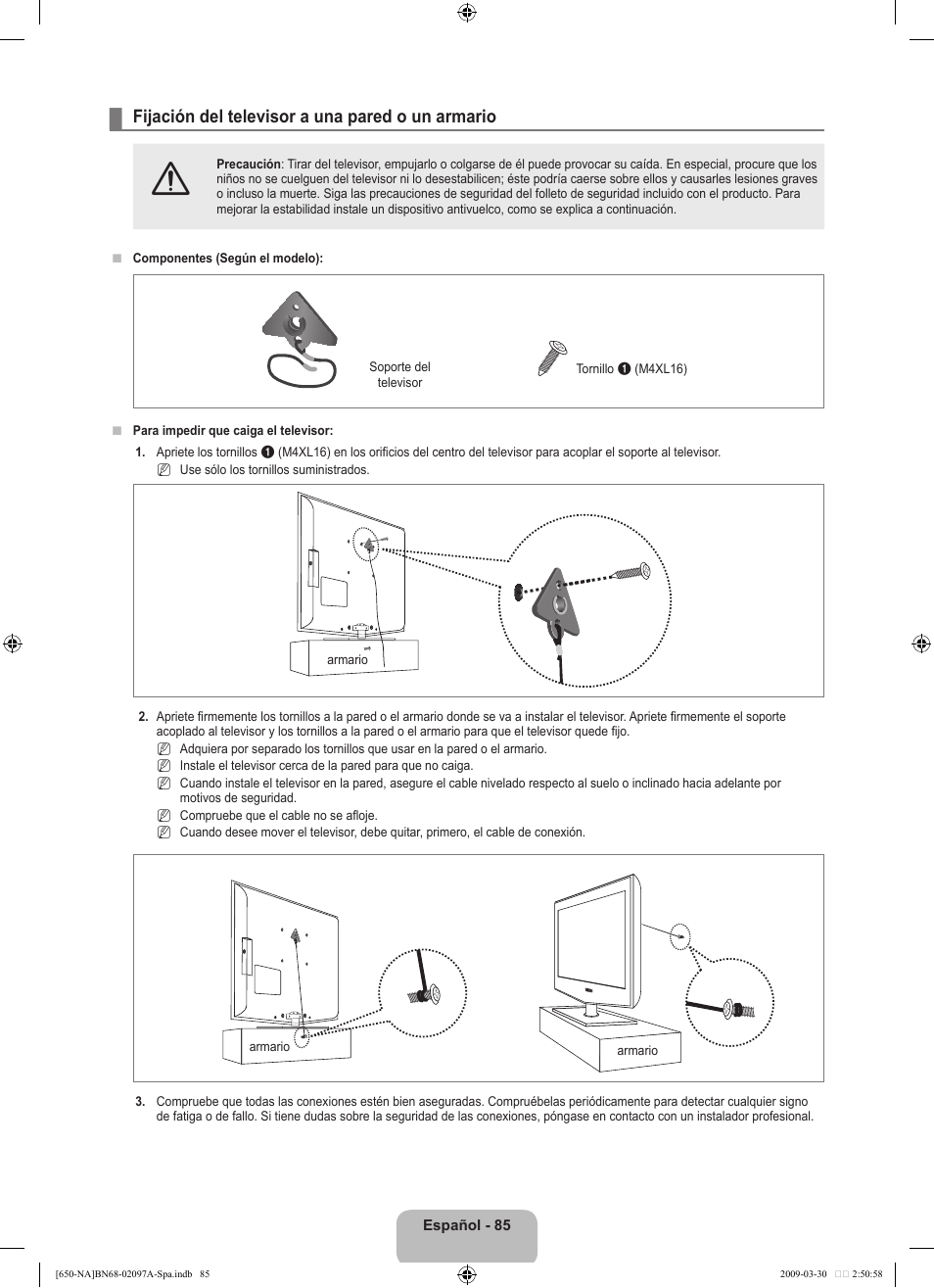 Fijación del televisor a una pared o un armario | Samsung LN40B650T1FXZA User Manual | Page 191 / 197