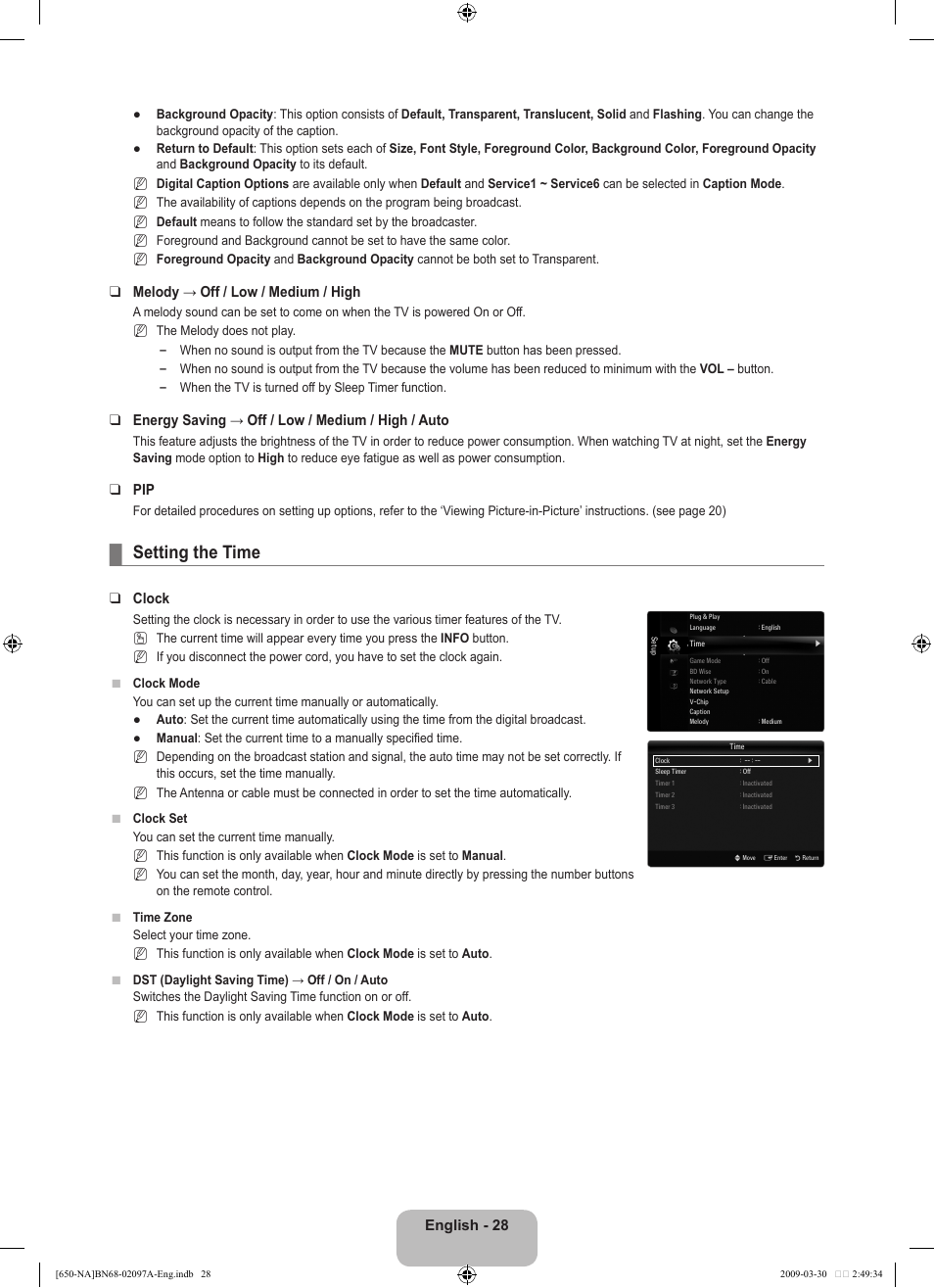 Setting the time, English - 28, Melody → off / low / medium / high | Energy saving → off / low / medium / high / auto, Clock | Samsung LN40B650T1FXZA User Manual | Page 30 / 197