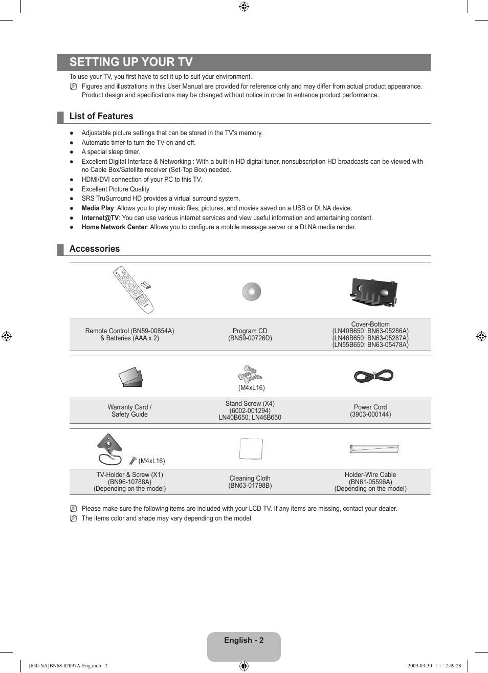 Setting up your tv, List of features, Accessories | Samsung LN40B650T1FXZA User Manual | Page 4 / 197