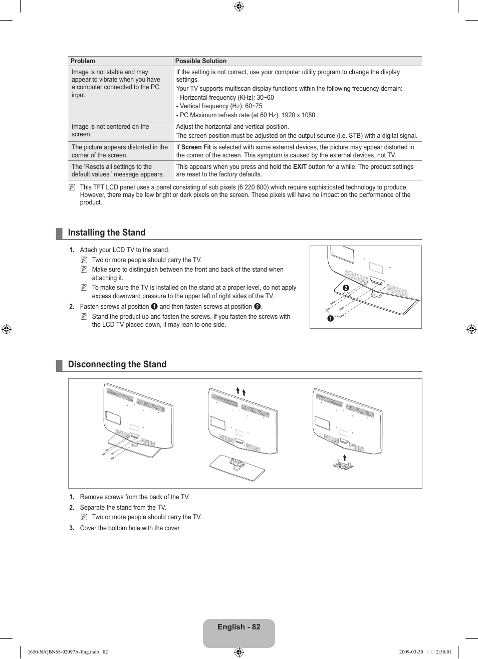 Installing the stand, Disconnecting the stand | Samsung LN40B650T1FXZA User Manual | Page 84 / 197