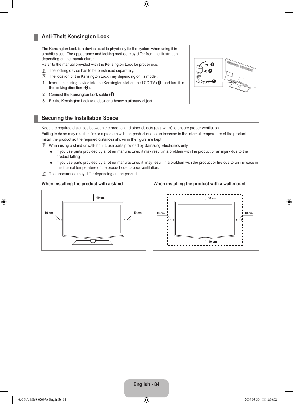 Anti-theft kensington lock, Securing the installation space | Samsung LN40B650T1FXZA User Manual | Page 86 / 197