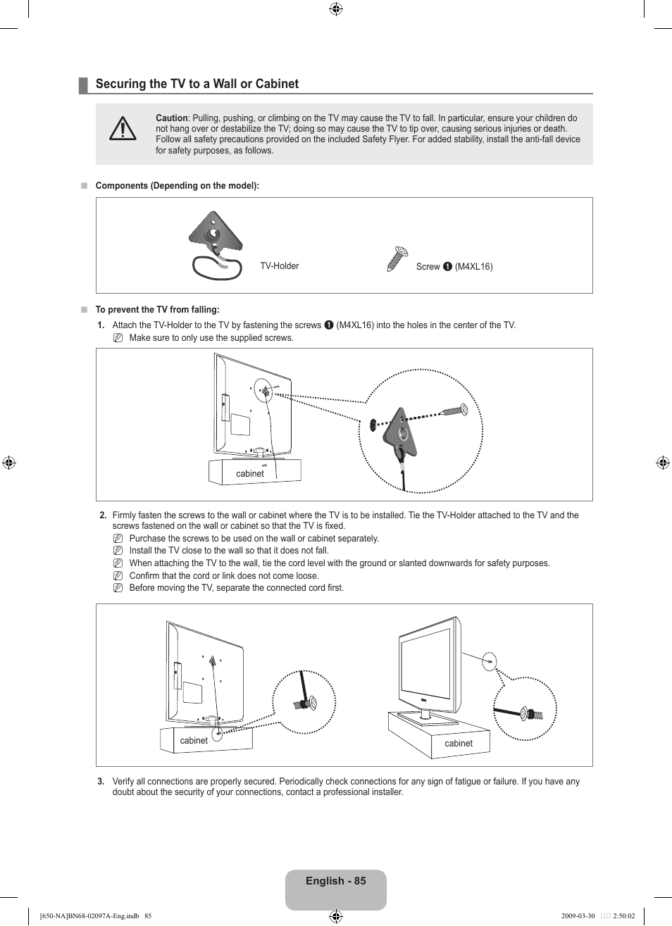 Securing the tv to a wall or cabinet | Samsung LN40B650T1FXZA User Manual | Page 87 / 197