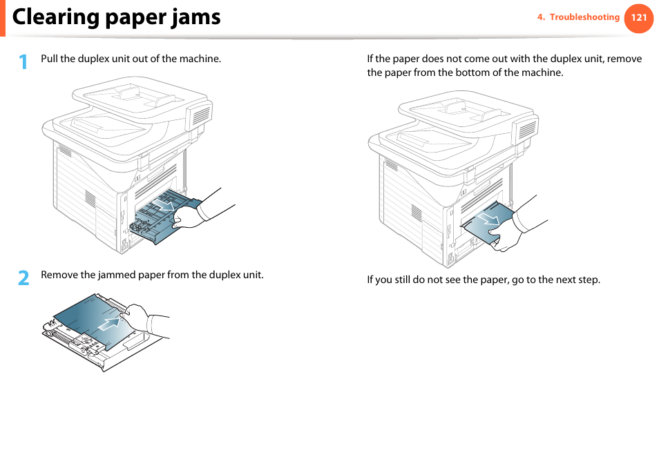 Clearing paper jams | Samsung SCX-5639FR-XAA User Manual | Page 121 / 351