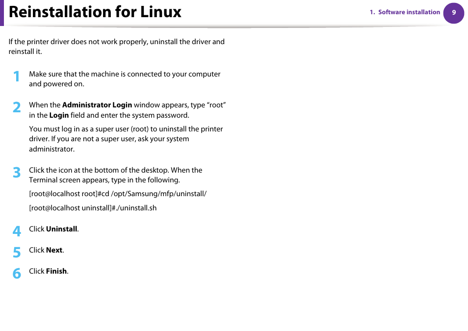 Reinstallation for linux | Samsung SCX-5639FR-XAA User Manual | Page 169 / 351
