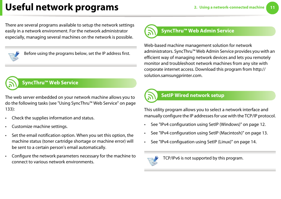 Useful network programs, Syncthru™ web service, Syncthru™ web admin service | Setip wired network setup | Samsung SCX-5639FR-XAA User Manual | Page 171 / 351