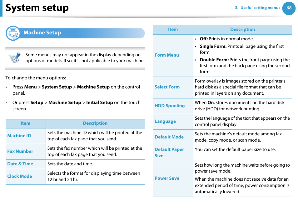 System setup, Machine setup | Samsung SCX-5639FR-XAA User Manual | Page 228 / 351