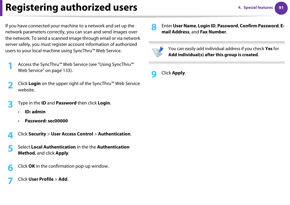 Registering authorized users | Samsung SCX-5639FR-XAA User Manual | Page 251 / 351