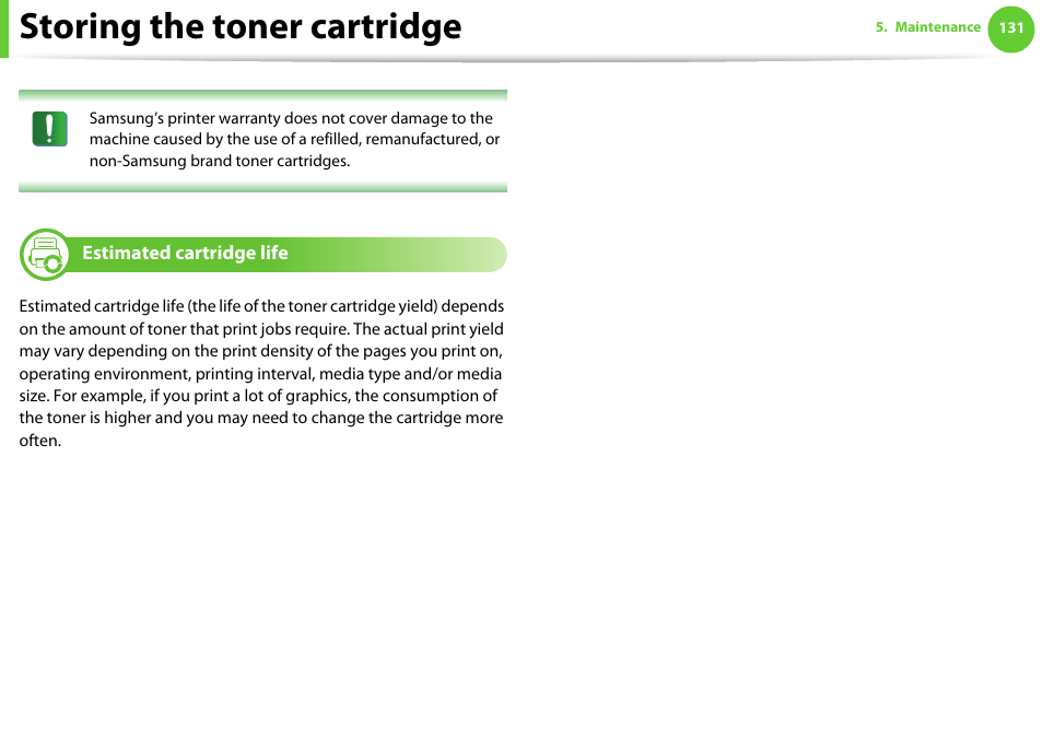Storing the toner cartridge, Estimated cartridge life | Samsung SCX-5639FR-XAA User Manual | Page 291 / 351