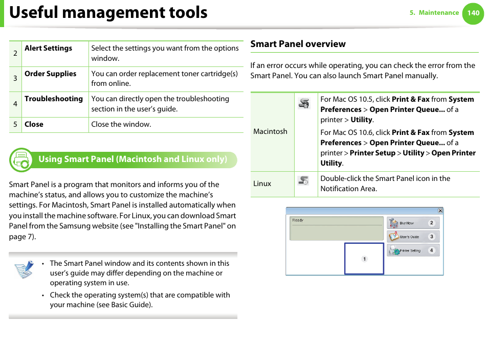 Useful management tools, Smart panel overview, Using smart panel (macintosh and linux only) | Samsung SCX-5639FR-XAA User Manual | Page 300 / 351