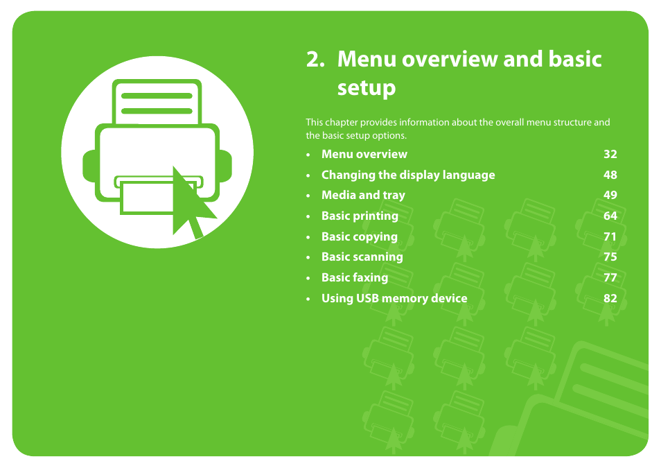 Menu overview and basic setup | Samsung SCX-5639FR-XAA User Manual | Page 31 / 351