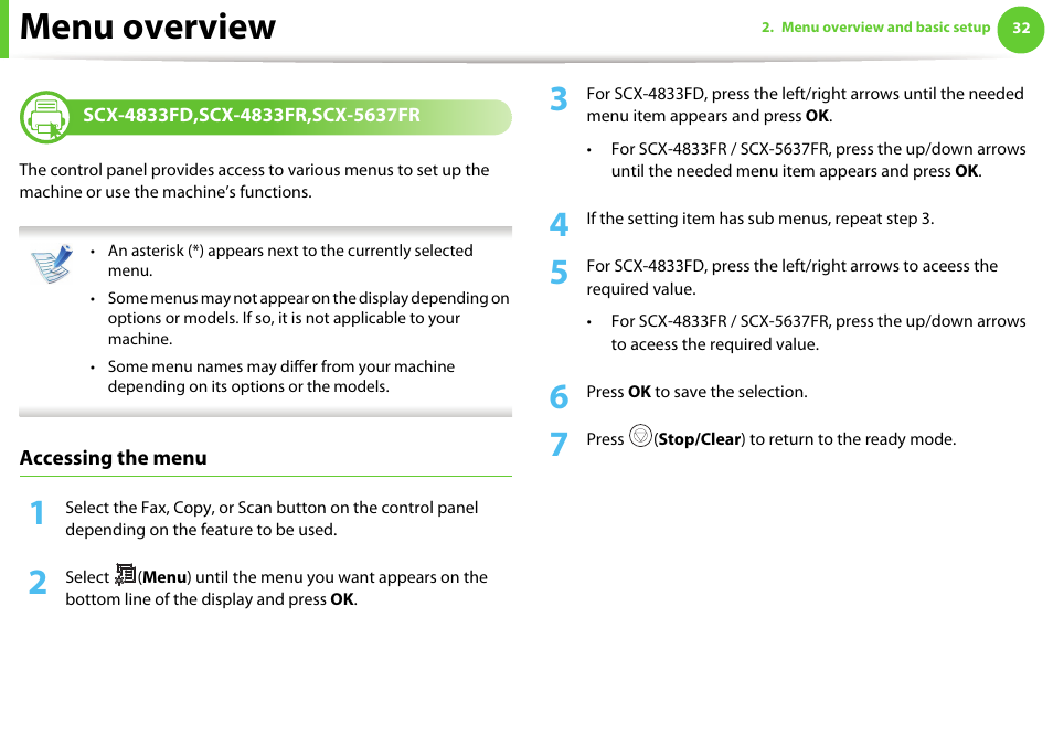 Menu overview | Samsung SCX-5639FR-XAA User Manual | Page 32 / 351