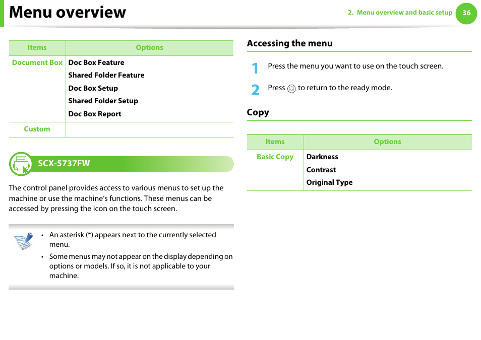 Menu overview | Samsung SCX-5639FR-XAA User Manual | Page 36 / 351