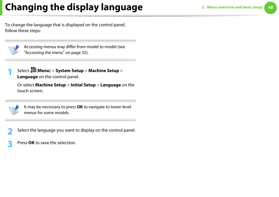 Changing the display language | Samsung SCX-5639FR-XAA User Manual | Page 48 / 351
