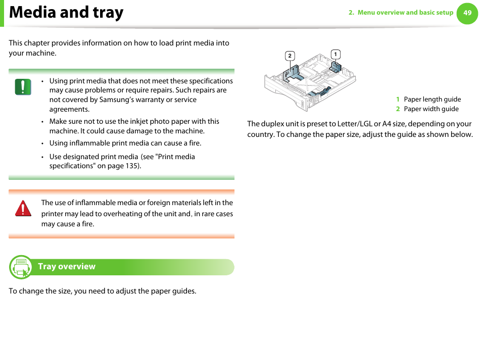 Media and tray, Tray overview | Samsung SCX-5639FR-XAA User Manual | Page 49 / 351